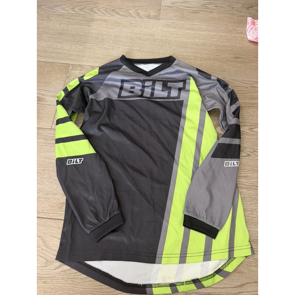 BiLT Motocross Jersey-Black/Green Long Sleeve-Youth Lg-Dirt Bike MX Racing Gear